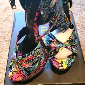 Liliana Neon Multicolor Snake-Print Strappy Platform Heels